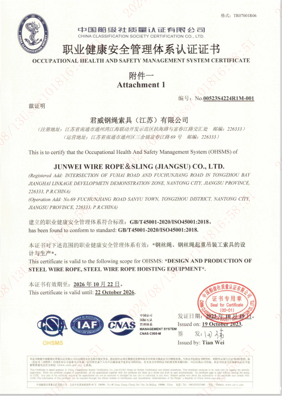 米兰体育在线投注网站官网入口(江苏)有限公司  职业健康安全管理体系认证证书